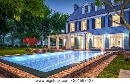 3D Rendering Of Modern Classic House In Colonial Style In Night