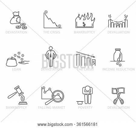 Set Of Black And White Bankruptcy And Financial Crises Icons. Vector Illustration