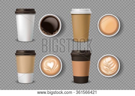 Empty Label White Paper Coffee Cup Takeaway , Set Of Plastic Containers Or Paper Cups Of Coffee. Top