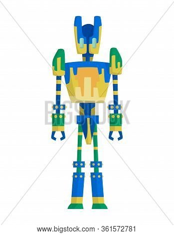 Funny Cartoon Robot. Cute Retro Robot. Robotic For Children. Friendly Android Robot Character With A