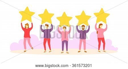 Different People Give Feedback Ratings And Reviews.characters Hold Stars Above Their Heads.evaluatio