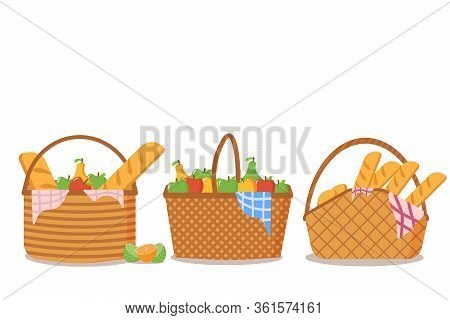 The Collection Of Picnic Baskets Is Full Of Delicious Fruits And Bread For Al Fresco Dining. Set Of 