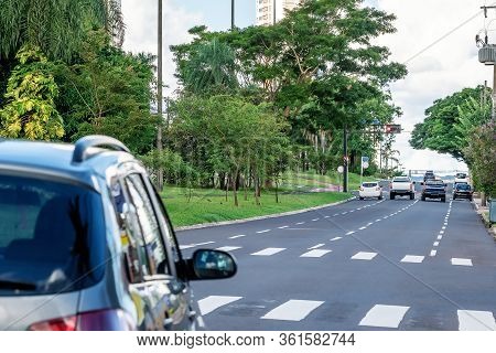 One Way Avenue With Four Lanes, Large Wooded Avenue With Few Traffic Of Cars. Car Stopped Before The