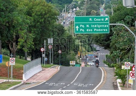 Campo Grande - Ms, Brazil - March 30, 2020: View Of Afonso Pena Avenue At The Viaduct Above Ceara Av