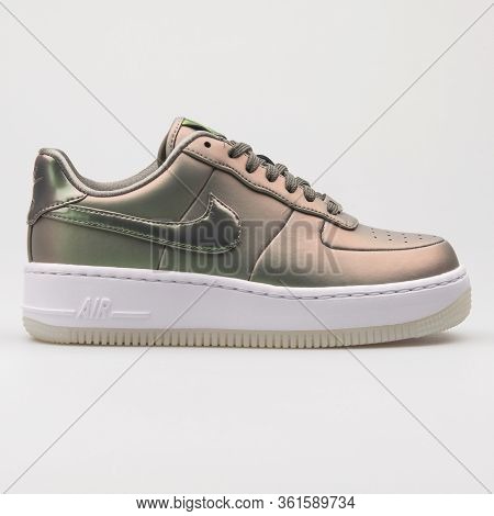Vienna, Austria - August 24, 2017: Nike Air Force 1 Upstep Premium Lx Dark Stucco And White Sneaker 