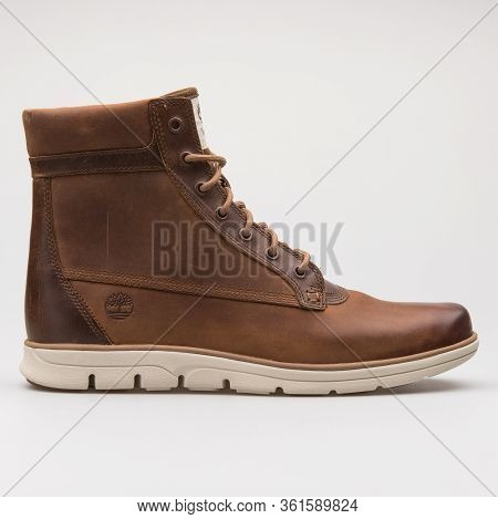 Vienna, Austria - August 24, 2017: Timberland Bradstreet Boot Oakwood Brown Shoe On White Background