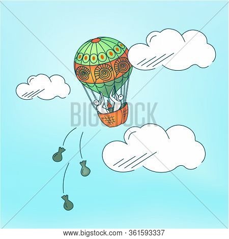 Vector Illustration Of Balloon With Frightened People In A Panic On Topic Of Getting Rid Of Excess C
