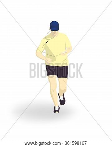 An Overweight Man Runs A Program On His Smartphone. Fitness Classes. Healthy Lifestyle.