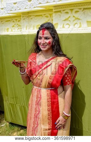 Women Participate In Sindur Khela At A Puja Pandal On The Last Day Of Durga Puja At Baghbazar Sarboj