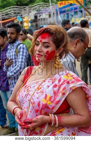 Women Participate In Sindur Khela At A Puja Pandal On The Last Day Of Durga Puja At Baghbazar Sarboj