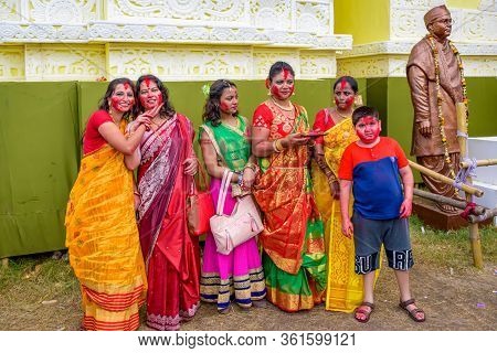 Women Participate In Sindur Khela At A Puja Pandal On The Last Day Of Durga Puja At Baghbazar Sarboj