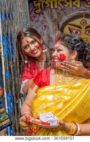 Women Participate In Sindur Khela At A Puja Pandal On The Last Day Of Durga Puja At Baghbazar Sarboj