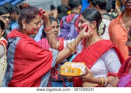 Women Participate In Sindur Khela At A Puja Pandal On The Last Day Of Durga Puja At Baghbazar Sarboj