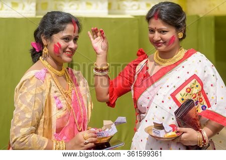 Women Participate In Sindur Khela At A Puja Pandal On The Last Day Of Durga Puja At Baghbazar Sarboj