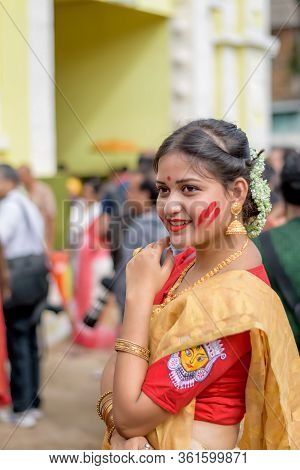 Women Participate In Sindur Khela At A Puja Pandal On The Last Day Of Durga Puja At Baghbazar Sarboj