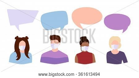 Coronavirus Covid 19, People Student In White Medical Face Mask Dispute. Speech Bubble Icon Dialogue