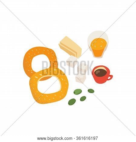 Greek Breakfast Koulouri, Circular Bread With Sesame Top View Print. Turkish Breakfast Illustration 