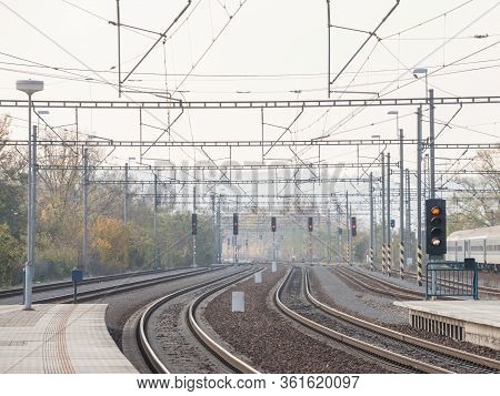 Recently Reconstructed Tracks On The Modernized Platforms Of A Suburban Train Station In A Capital C