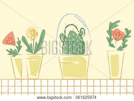 Vector Flat Abstract Illustration With Cactus Under Glass Flask, Separate From Other Plants. Concept