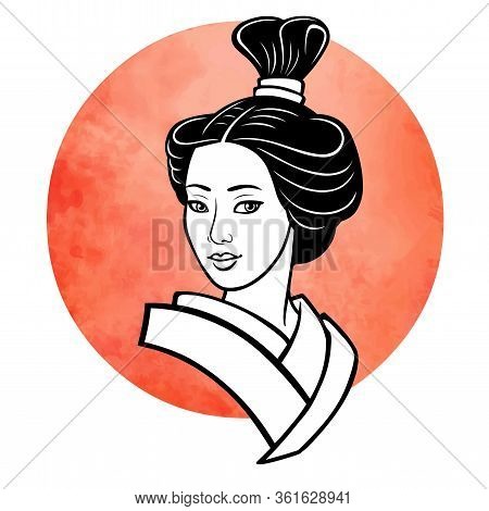 Realistic Portrait Of The Young Japanese Girl An Ancient Hairstyle. Geisha, Maiko, Princess. Backgro