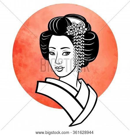 Realistic Portrait Of The Young Japanese Girl An Ancient Hairstyle. Geisha, Maiko, Princess. Backgro