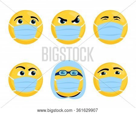 Emoticons In Medical Masks. Set Of Vector Icons On A White Background