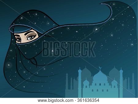 Arab Woman In A Burqa. The Night Stellar Sky Over The City.