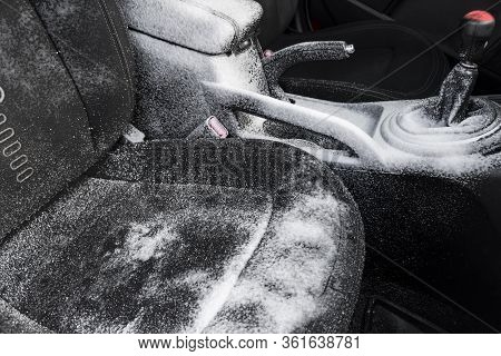 Dry Cleaning The Car Interior With Special Foam. Car Care Concept. Car Detailing. Cleaning Driver Se