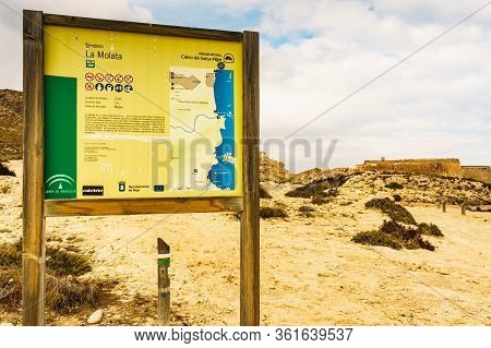 Cabo De Gata Nijar, Spain - March 23, 2019: Information Board About La Molata Trail Above Beach El P