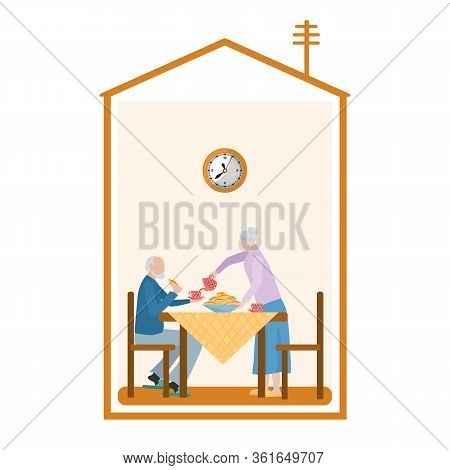 An Elderly Couple Is Drinking Tea At A Table, The Silhouette Of A House. Concept: Spending Time At H