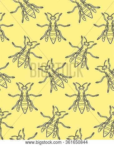 Top View Outline Style Wasps Seamless Pattern On Yellow Background