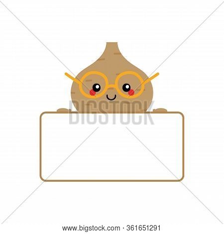 Cute Smiling Cartoon Style Jicama Vegetable Character Holding Blank, Empty Card In Hands.