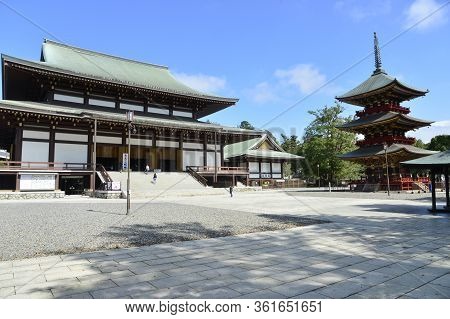 Narita, Japan - October 4, 2019: View Of Naritasan Temple With Red Pagoda And Blue Sky In Naritasan 