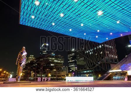 Busan, South Korea - 1 April, 2019:night Shot Of Busan Cinema Center Is The Official Venue Of The Bu