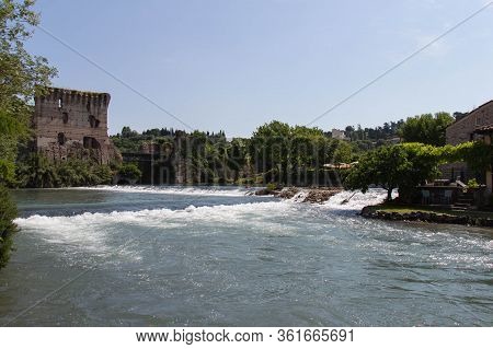 Italy, Valeggio Sul Mincio - May 20 2018: The View Of Visconti Bridge In Valeggio Sul Mincio On May 