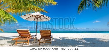 Beautiful Tropical Nature, Beach Banner. White Sand And Coco Palms Travel Tourism Wide Panorama Back