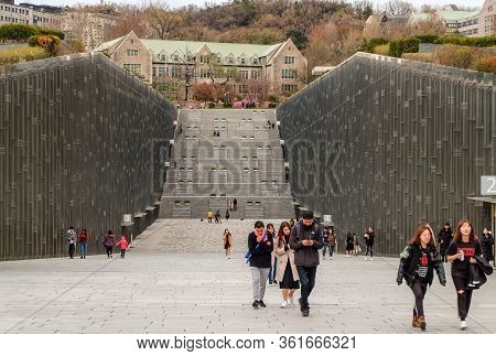 Seoul South, Korea - April 10 ,2019:students Walking Through Ewha Womans University Main Library Bui