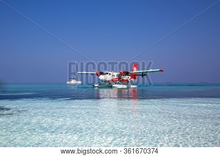 05.19.2019 - Ari Atoll, Maldives: Exotic Scene With Trans Maldivian Airways Seaplane On Maldives Sea