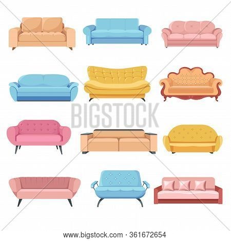Comfortable Sofa Set, Couches And Armchairs Furniture Vector