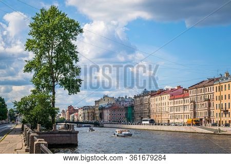 St. Petersburg, Russia, Summer 2019: Fontanka River, Pleasure Sightseeing Boats And The Fontanka Riv