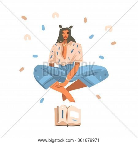 Hand Drawn Vector Abstract Stock Graphic Illustration With Young Female Student Study Reading At Hom