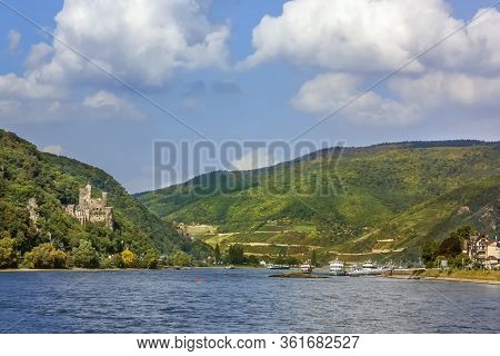 View Of Rhine Rivar With Rheinstein Castle, Germany