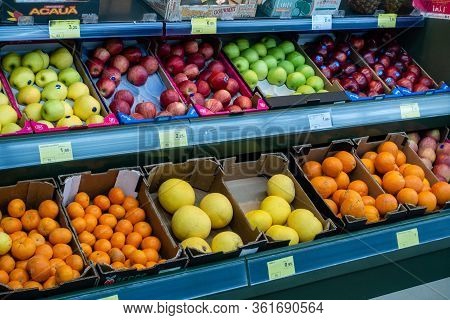 Torrevieja, Valenciana, Spain - Apr 17 2020 : Fruit And Vegetables For Sale In Empty Shop Due To Cov