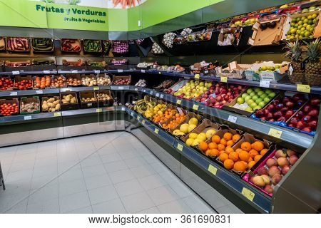 Torrevieja, Valenciana, Spain - Apr 17 2020 : Fruit And Vegetables For Sale In Empty Shop Due To Cov