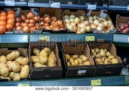Torrevieja, Valenciana, Spain - Apr 17 2020 : Fruit And Vegetables For Sale In Empty Shop Due To Cov