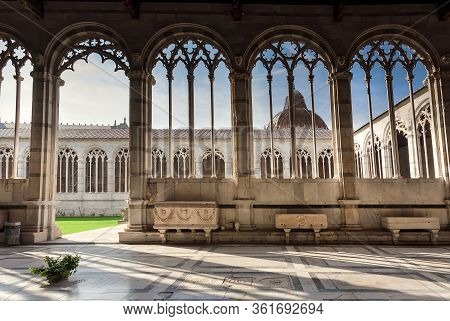 Pisa, Italy: Tombs Under Floor And Arches Of The 13th Century Camposanto Monumentale, Ancient Cemete