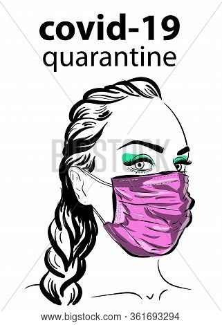 Woman In Face Mask Virus Covid19, Epidemy. Protective Resperatory Mask.