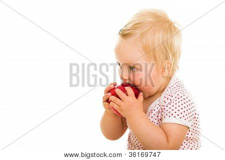 Cute Infant Girl Learining To Eat With Spoon