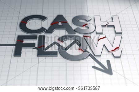 3d Illustration Of The Text Cash Flow Over A Crisis Chart. The Words Are Broken.