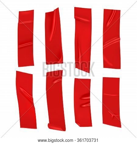 Red Duct Tape Set. Realistic Red Adhesive Tape Pieces For Fixing Isolated On White Background. Scotc